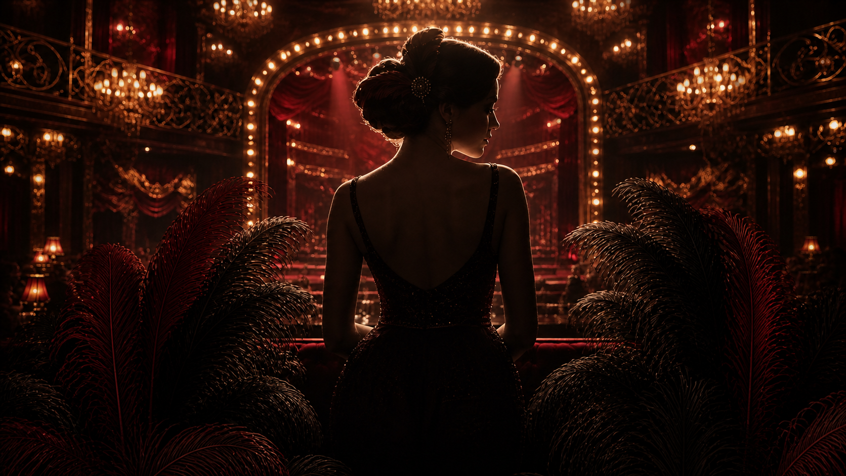 Силует гості серед пір’я у вечірньому CABARET